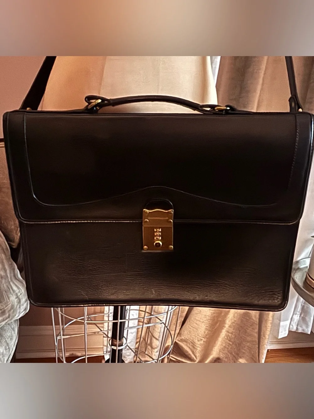 Vintage Crouch & Fitzgerald Black Leather Briefcase Brass Lock Attache Bag